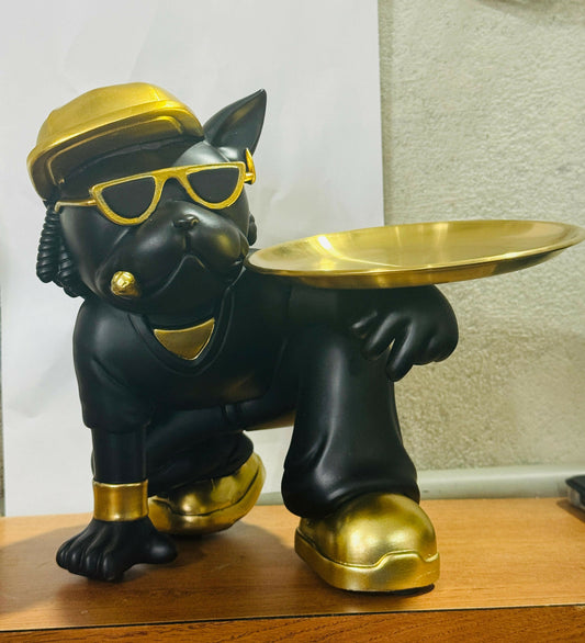 Stylish resin Black & Gold Bulldog Butler Figurine with detachable tray displayed