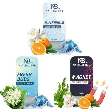 Natural Bar Millennium, fresh buds And Magnet solid perfume (3Pc/10gm) | Alcohol Free Cologne for Men & Women | Strong & Lasting Fragrance | Gifting Set for Him & Her