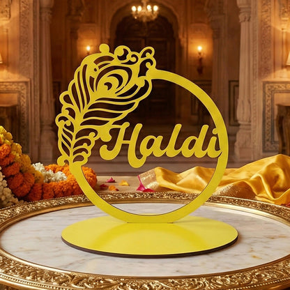 Haldi Ceremony Tabletop Sign with Peacock Motif | Elegant Wedding Decor Accent