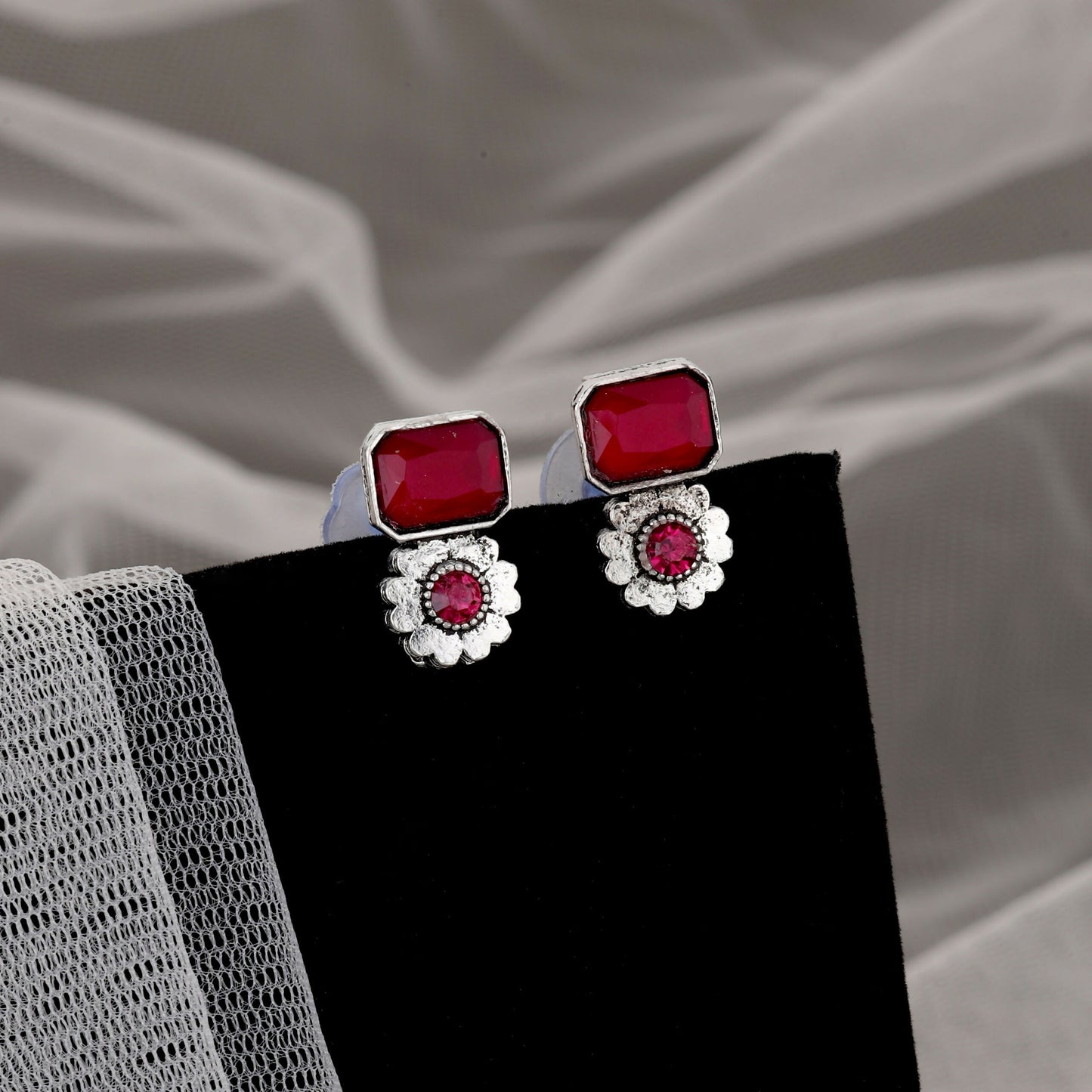 Vintage Silver-Toned Choker Set with Ruby Pink Stones