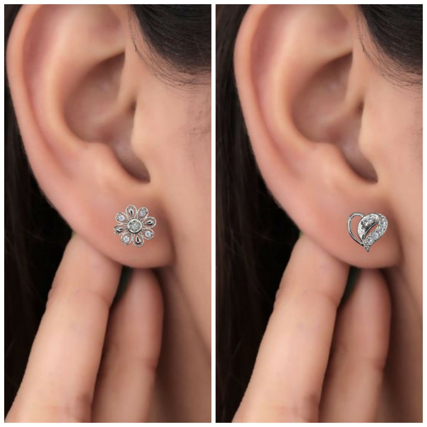Close-up of polished silver heart stud earrings adorned with cubic zirconia