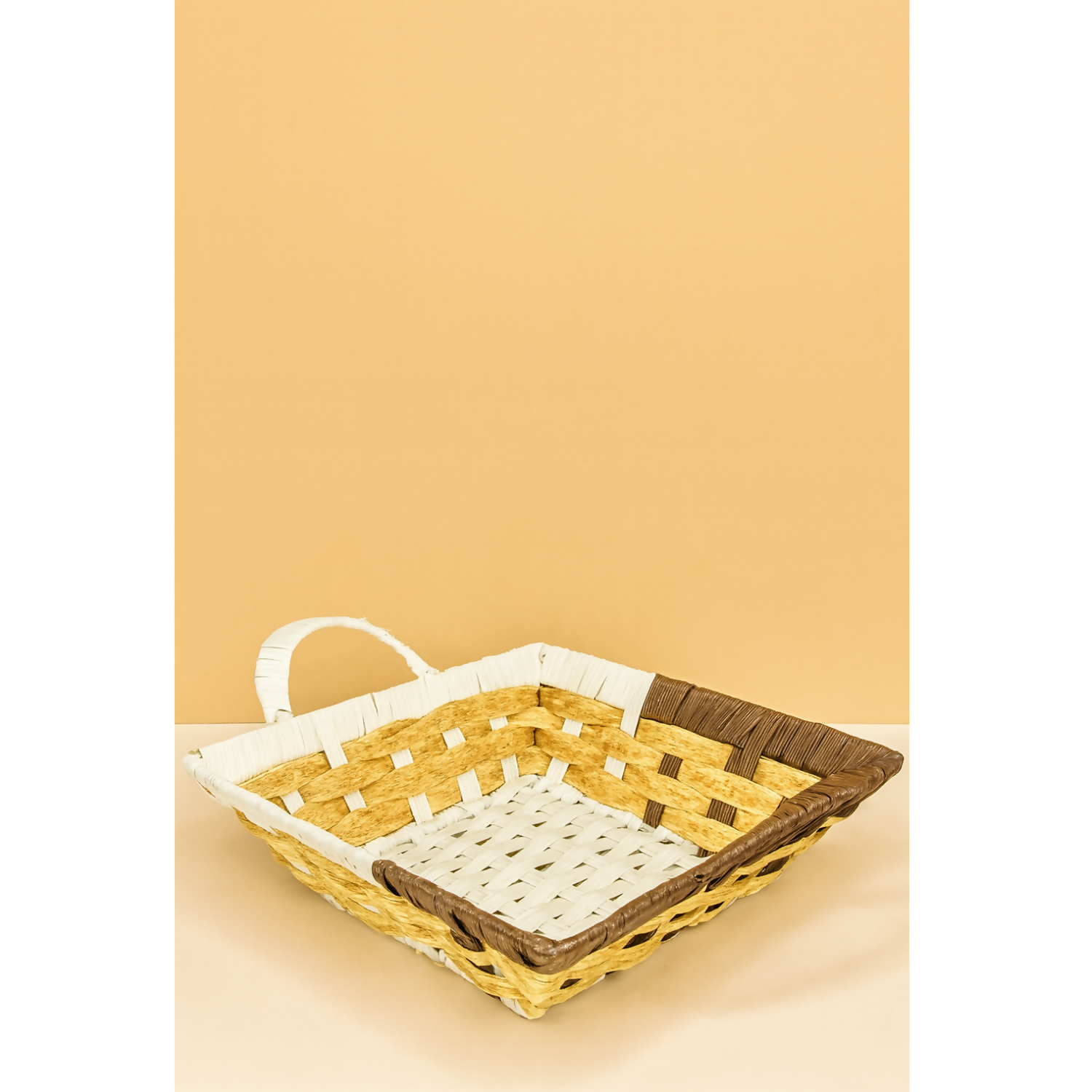 Handcrafted Rectangular Woven Storage Basket – White, Beige & Brown Multipurpose Decorative Organizer with Handle for Fruits, Bread, Snacks, Dry Fruits, Gift Hampers & Table Décor
