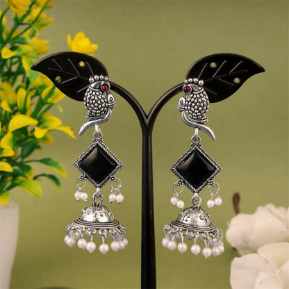 Oxidised Silver Black Stone Parrot Design Jhumka Earrings for Women & Girls