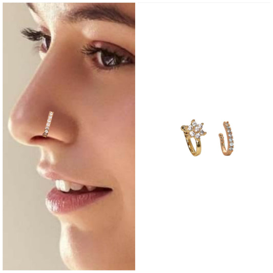 CZ Flower & Line Non-Piercing Nose Ring/Nath Combo Set Combo Pack of 2