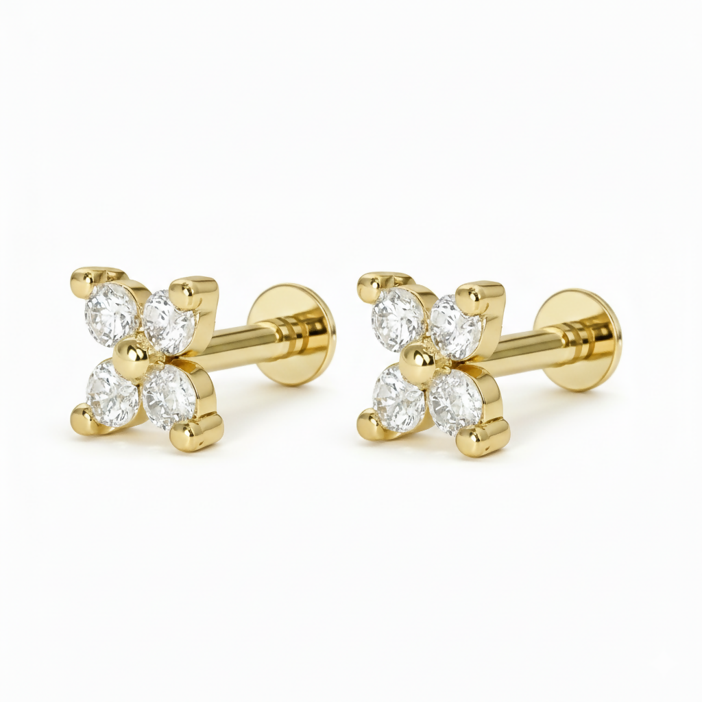 Gold plated AD Flower Flat Back Nosepin Stud Combo Pack of 2