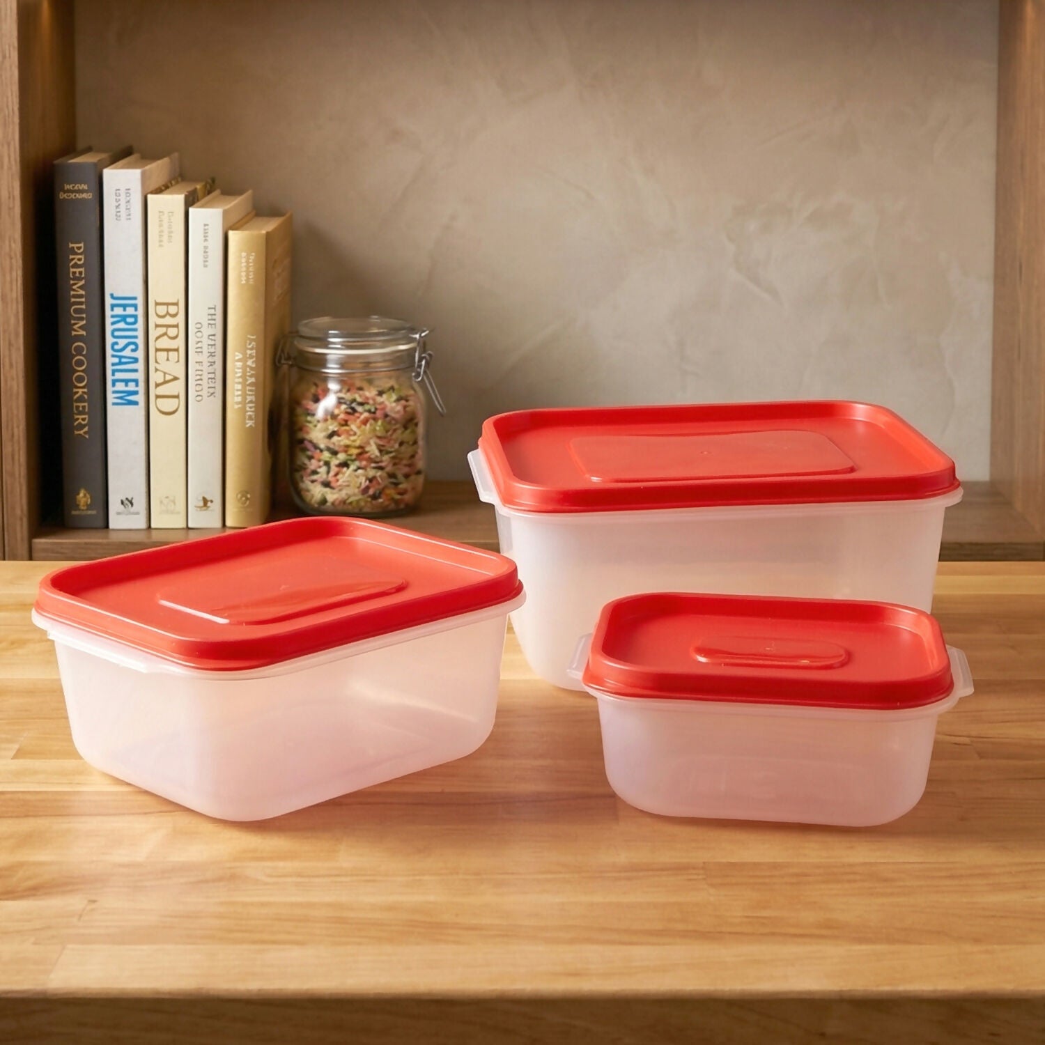 Plastic Food Storage Container Set – 3 Pieces Kitchen Storage Box Set (800 ml, 1600 ml, 2400 ml)
