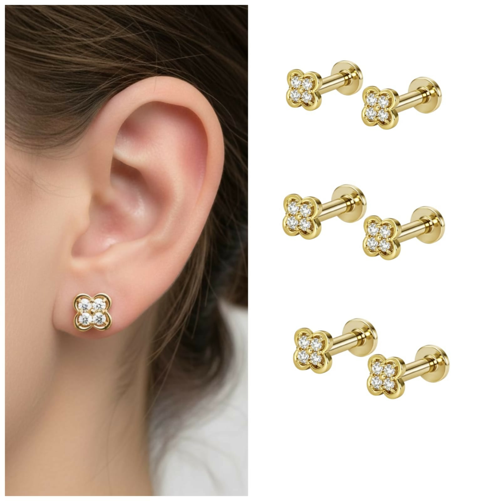 Gold plated clover stud earrings front view with flat back design