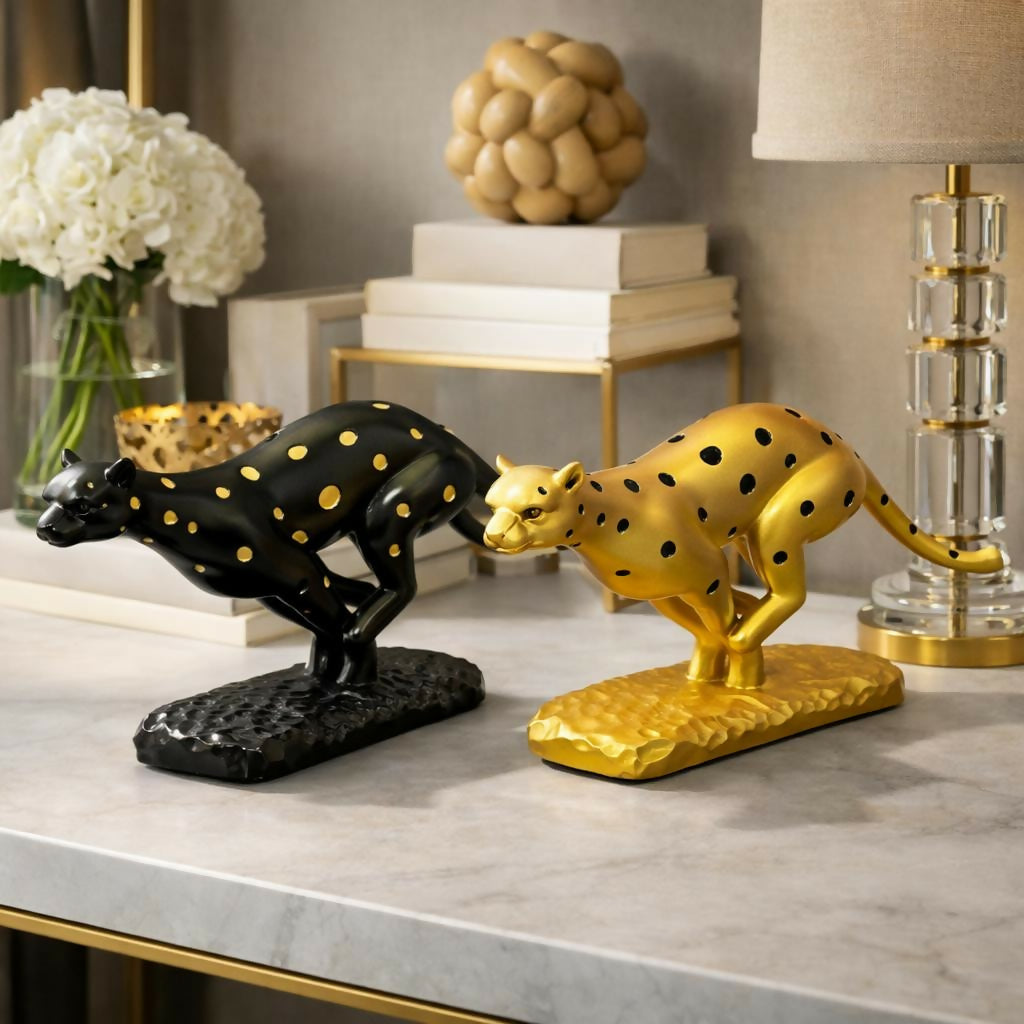 Side view of dynamic running leopard tabletop decor