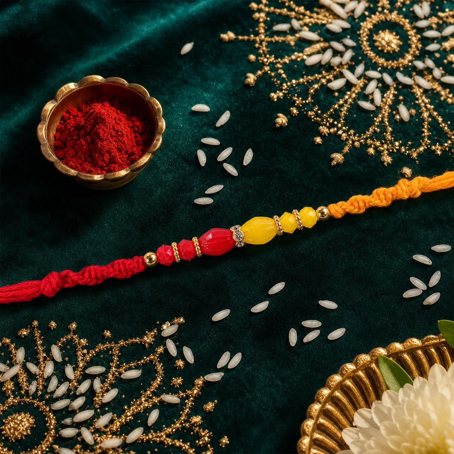 Red Thread Rakhi with Yellow and Orange Bead Pendant Accents
