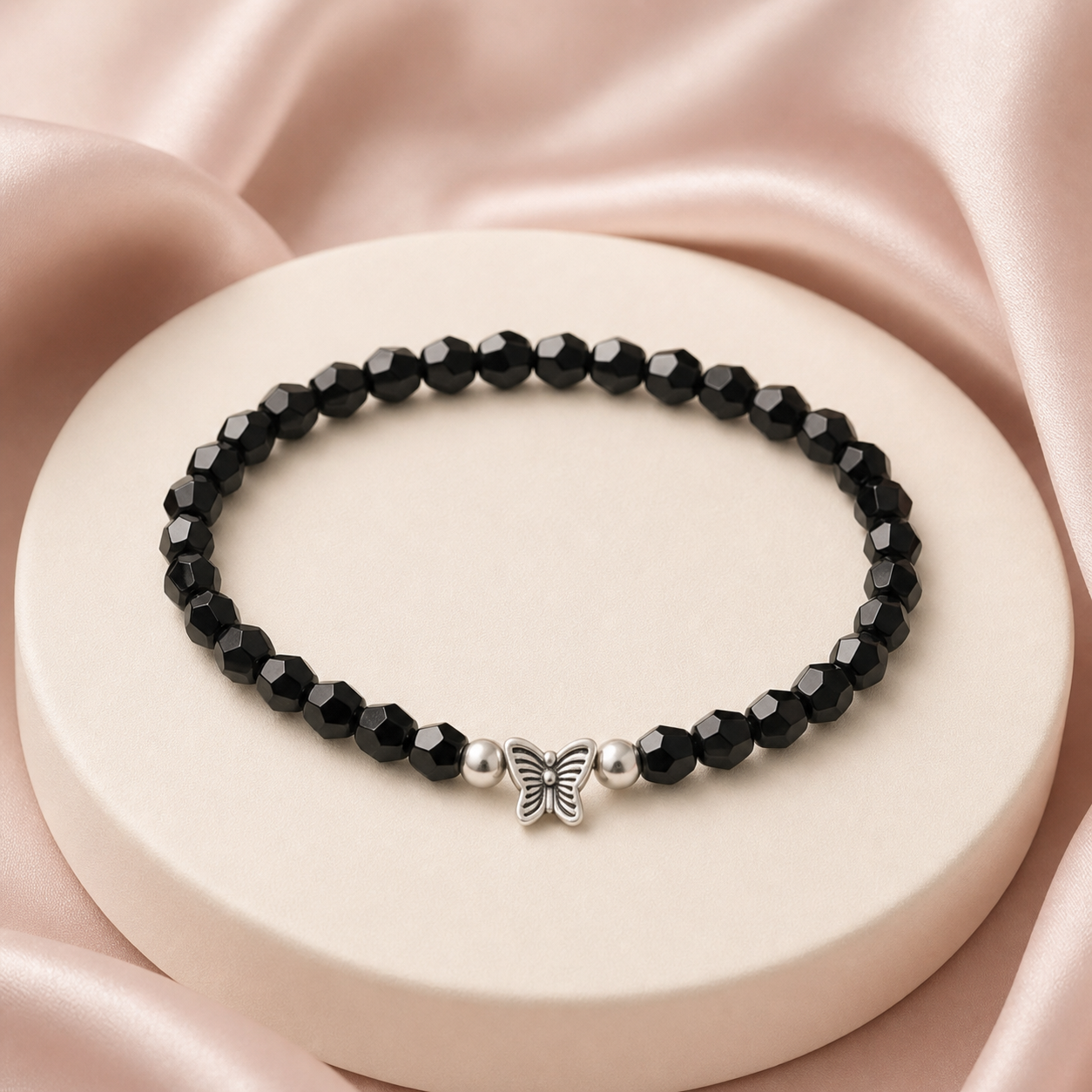 Black Crystal Beads Charm Bracelets Set of 6 – Silver Turtle Butterfly Star Stretch