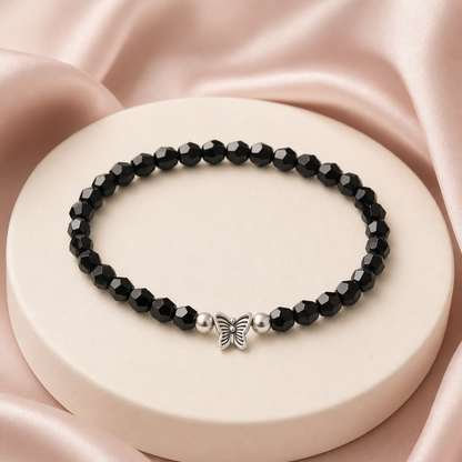 Black Crystal Beads Charm Bracelets Set of 6 – Silver Turtle Butterfly Star Stretch