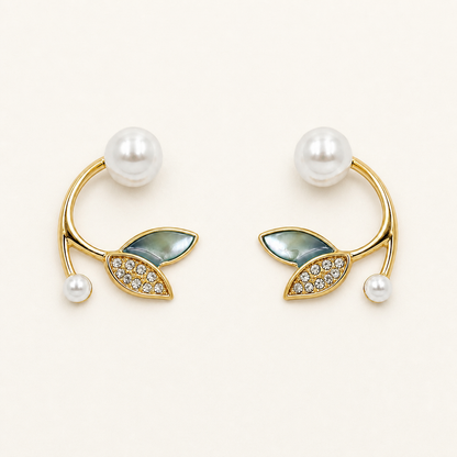 Luxury Pearl Leaf Design Stud Earrings with Crystal Accent for Women Party Wear Pair