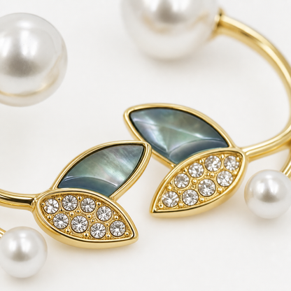 Luxury Pearl Leaf Design Stud Earrings with Crystal Accent for Women Party Wear Pair