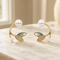 Luxury Pearl Leaf Design Stud Earrings with Crystal Accent for Women Party Wear Pair