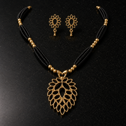 Black Beaded Necklace with Leaf Design Pendant & Matching Earrings for Women