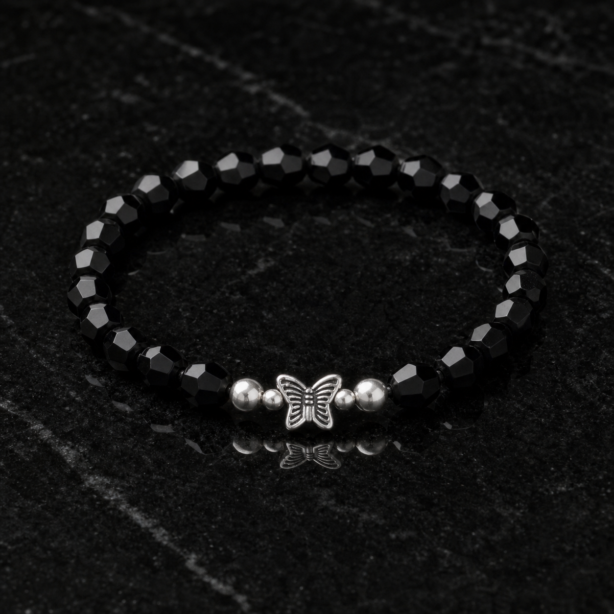 Black Crystal Beads Charm Bracelets Set of 6 – Silver Turtle Butterfly Star Stretch