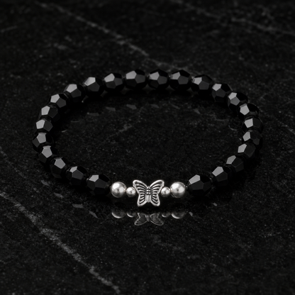 Black Crystal Beads Charm Bracelets Set of 6 – Silver Turtle Butterfly Star Stretch
