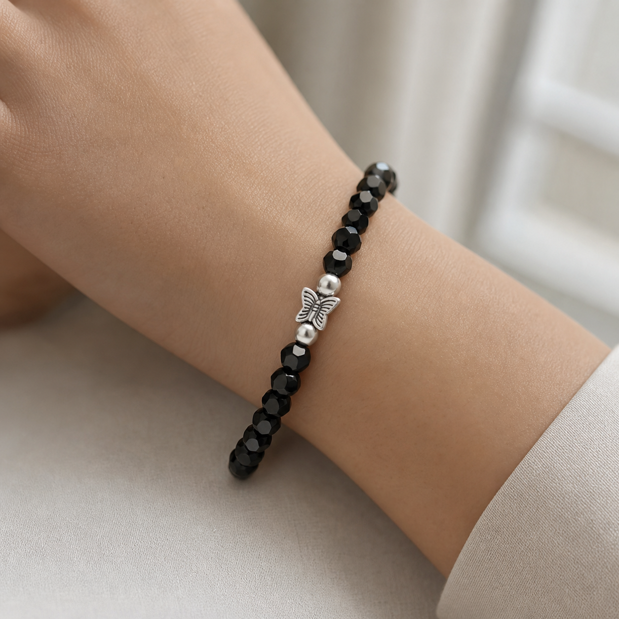 Black Crystal Beads Charm Bracelets Set of 6 – Silver Turtle Butterfly Star Stretch