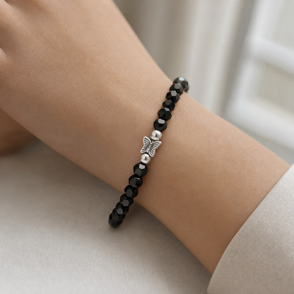 Black Crystal Beads Charm Bracelets Set of 6 – Silver Turtle Butterfly Star Stretch