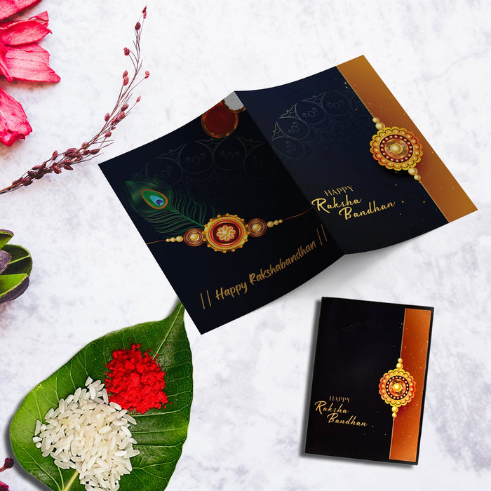 Peacock Rakhi Combo with Effete Assorted Choco Nuts Butterscotch 96gm, Silver Color Pooja Coin, Roli Chawal & Greeting Card