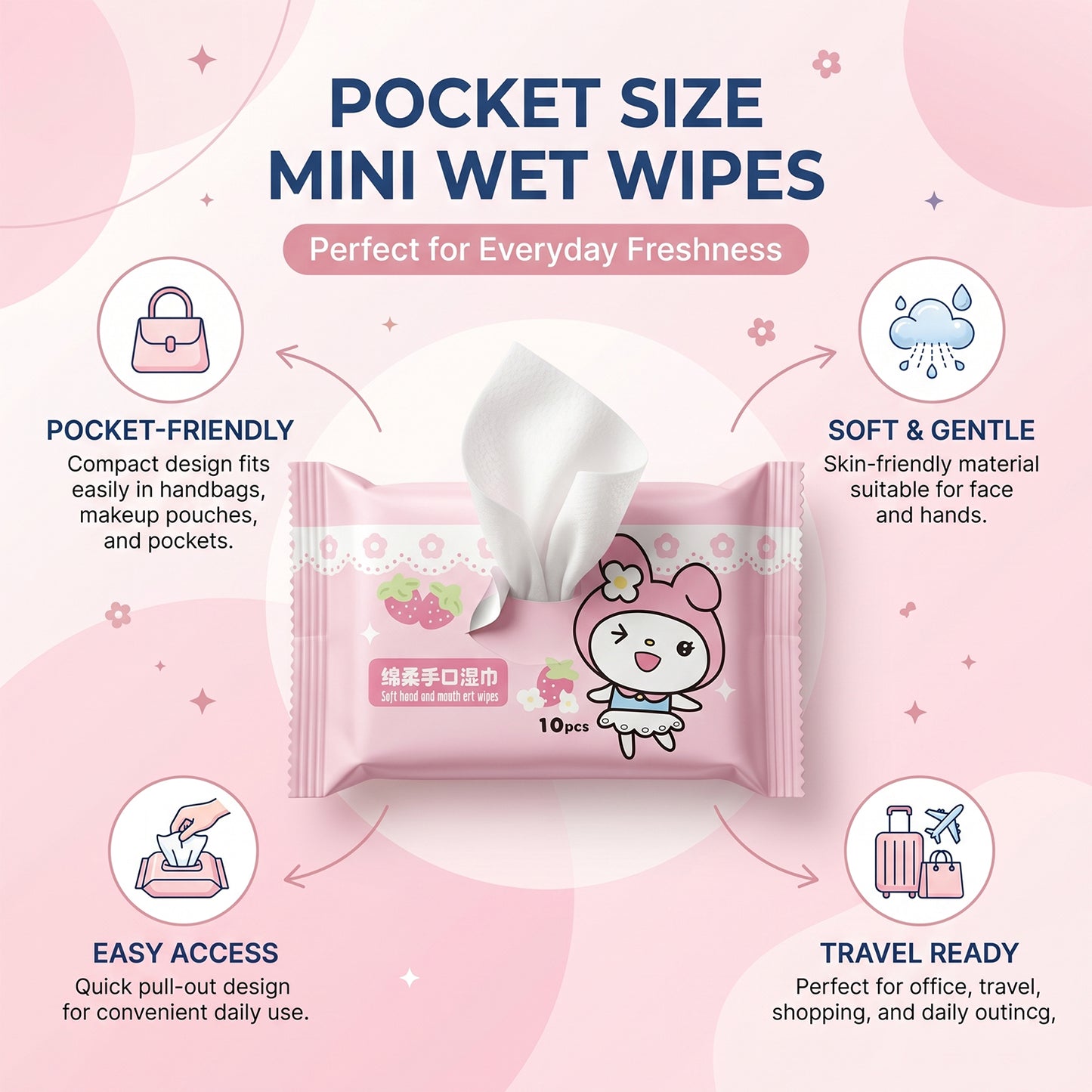 Single wipe pulled out from the cartoon printed pack