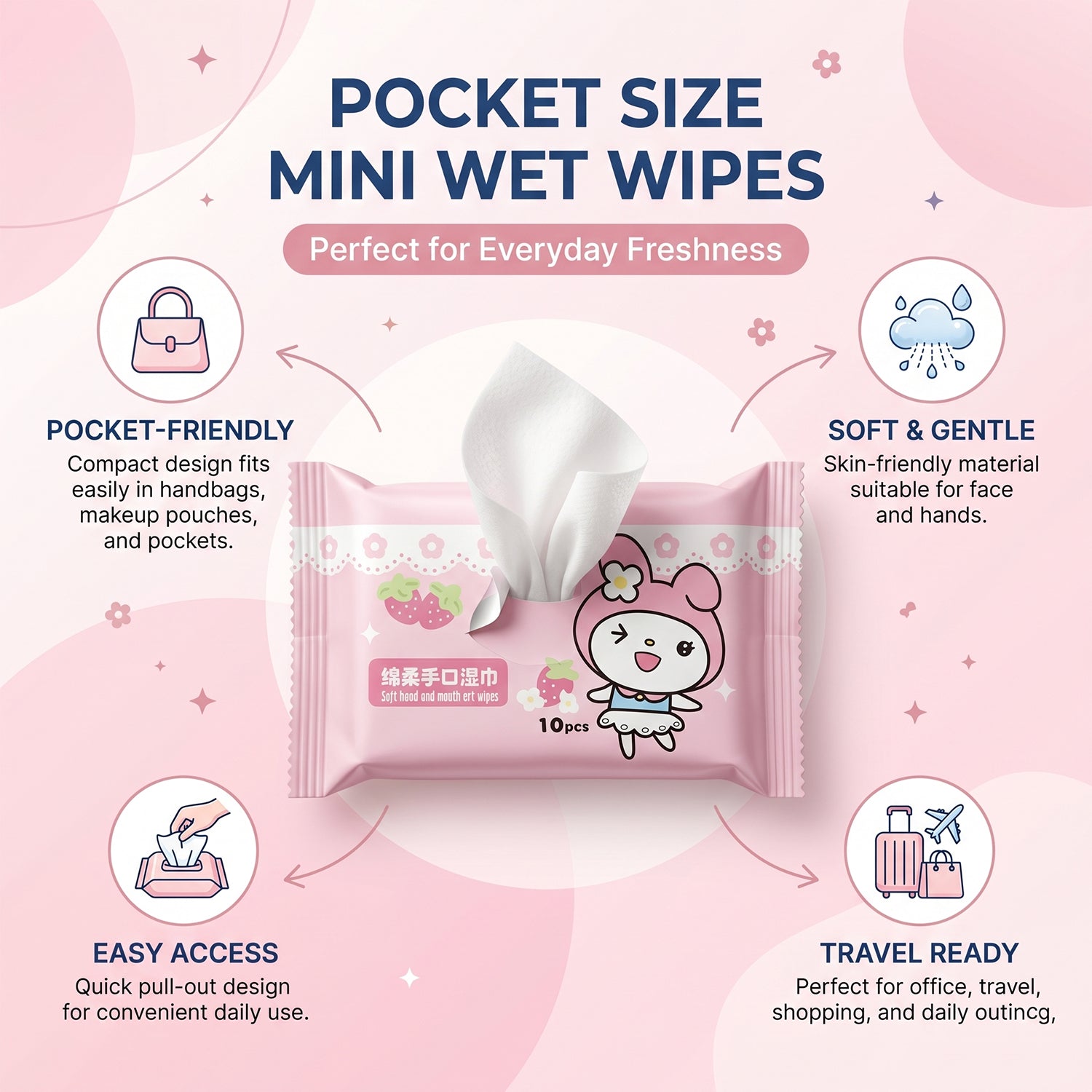 Single wipe pulled out from the cartoon printed pack