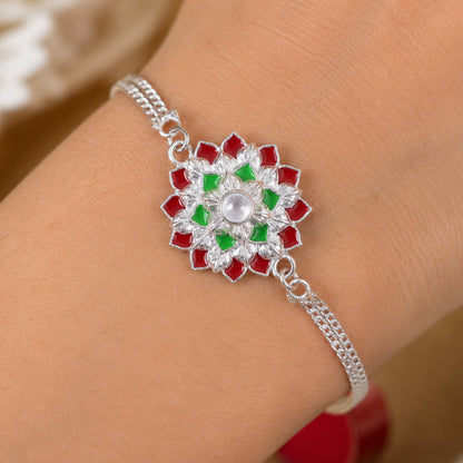 Designer Floral Rakhi Silver Toned Stone Rakhi for Brother (5pcs)