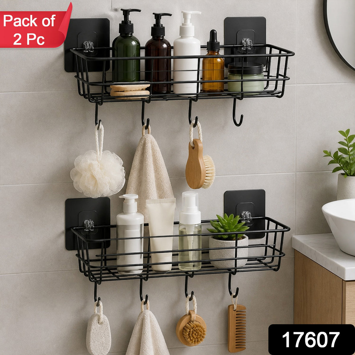 Two black metal wall-mounted storage baskets with hooks, filled with various bathroom products and hanging items, with a