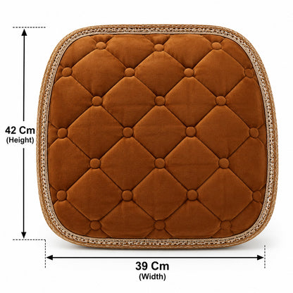 Brown quilted velvet cushion with white text indicating 42 cm height and 39 cm width.