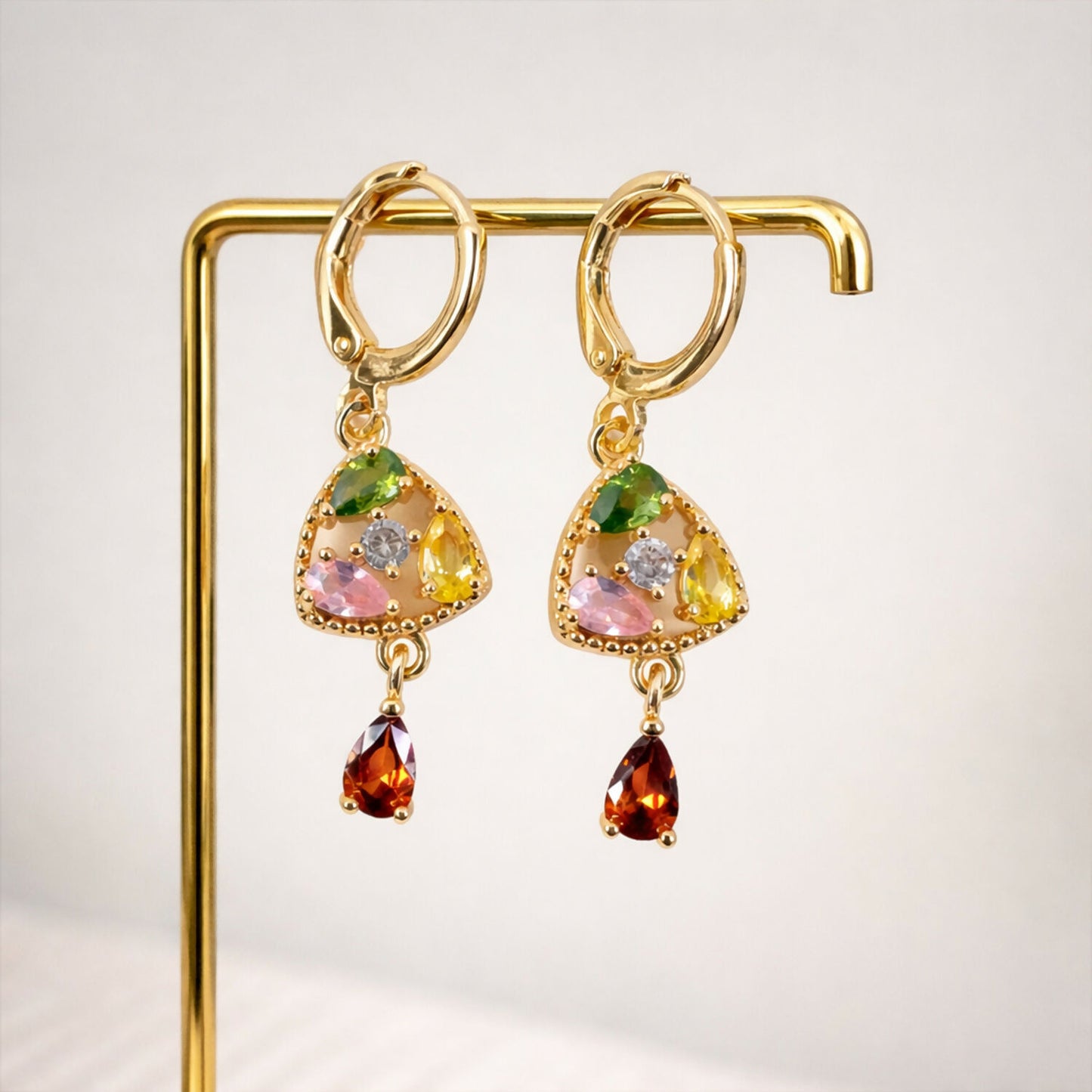 Pair of lightweight multicolor stone drop earrings in gold-tone with elegant hanging stones