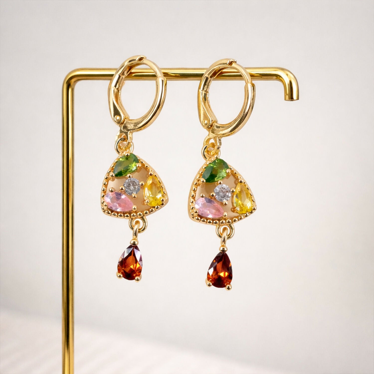 Pair of lightweight multicolor stone drop earrings in gold-tone with elegant hanging stones