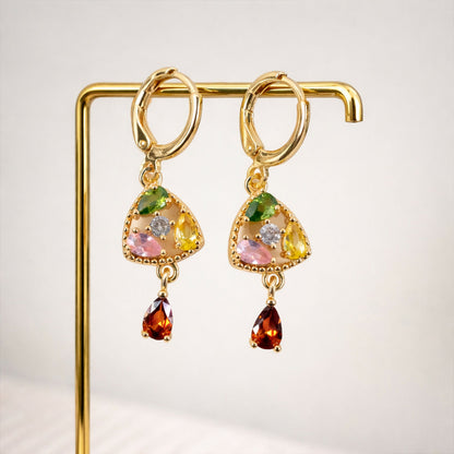 Pair of lightweight multicolor stone drop earrings in gold-tone with elegant hanging stones