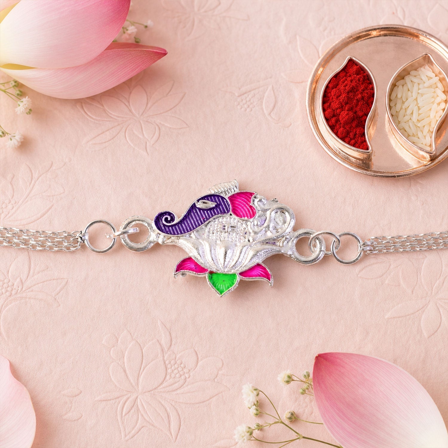 Lotus Kalgi Meenakari Silver Chain Rakhi for Brother (10pcs)