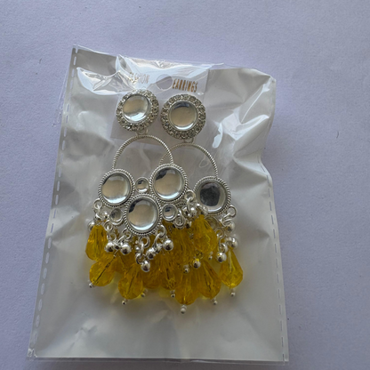 Kundan Chandbali earrings displaying intricate mirror-work and yellow pearl details