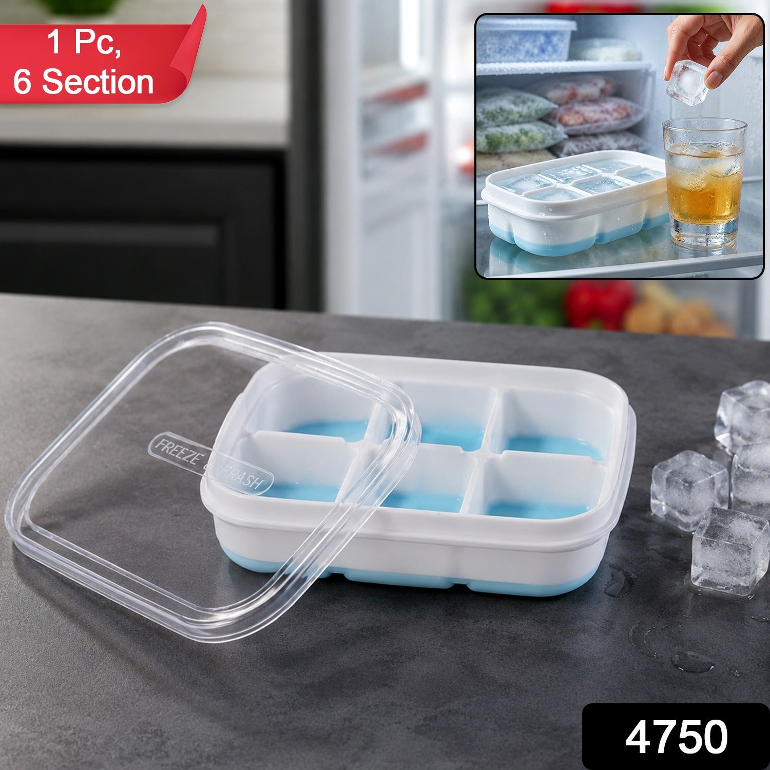 Mini Plastic 6 Cavity Fridge Storage Tray Ice Cube Tray Freezer Mold (1 Pc)