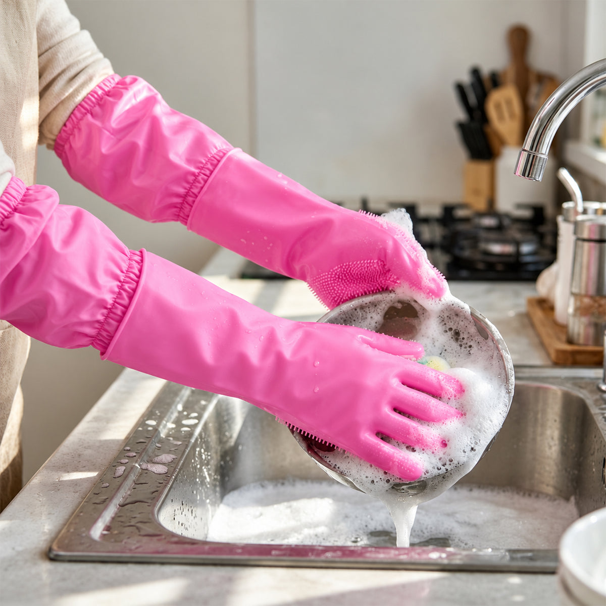 Long Cuff Silicone Scrubber Cleaning Gloves for Kitchen and Home Use