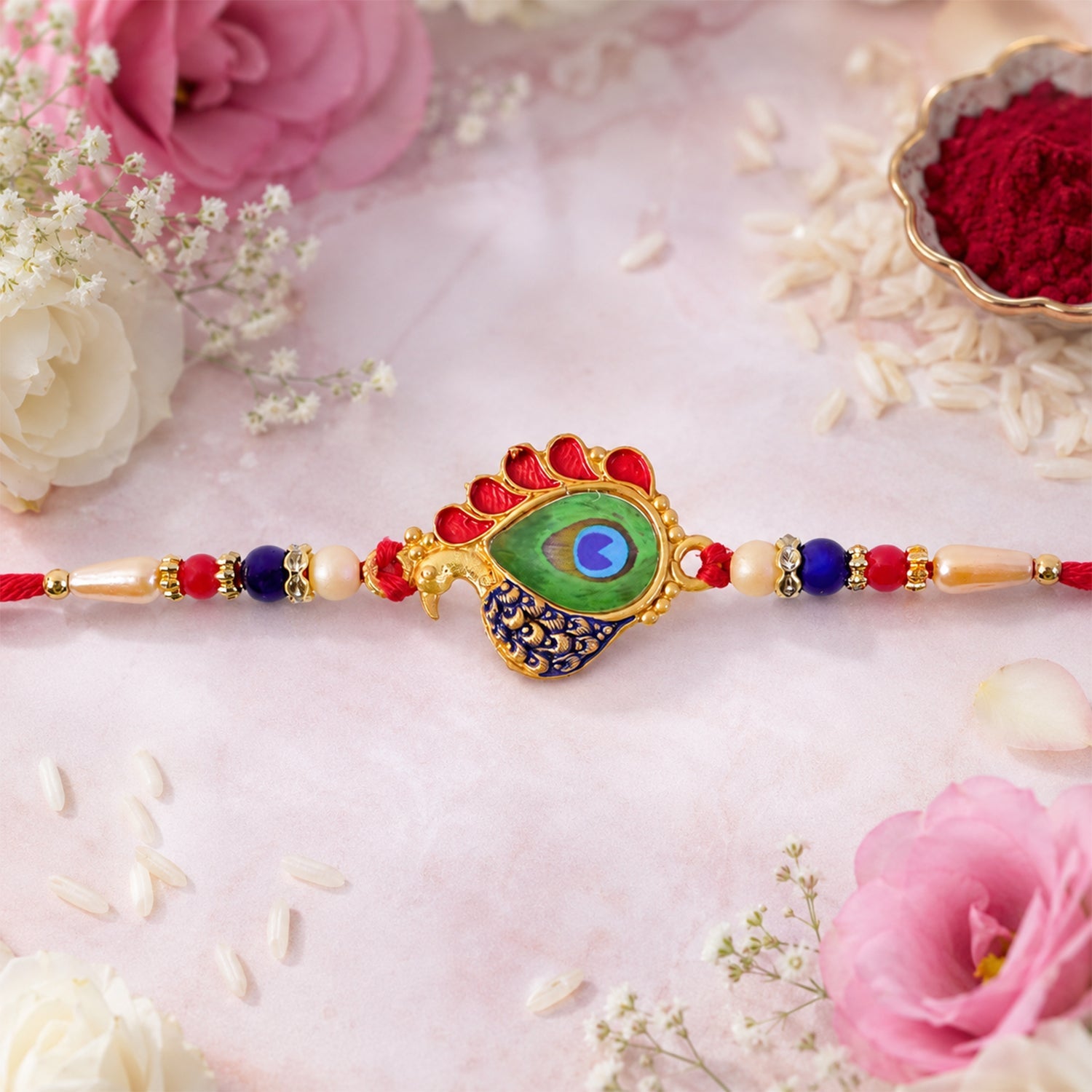 Peacock Feather Rakhi Golden Enamel Pearl Beads for Brother (10pcs)