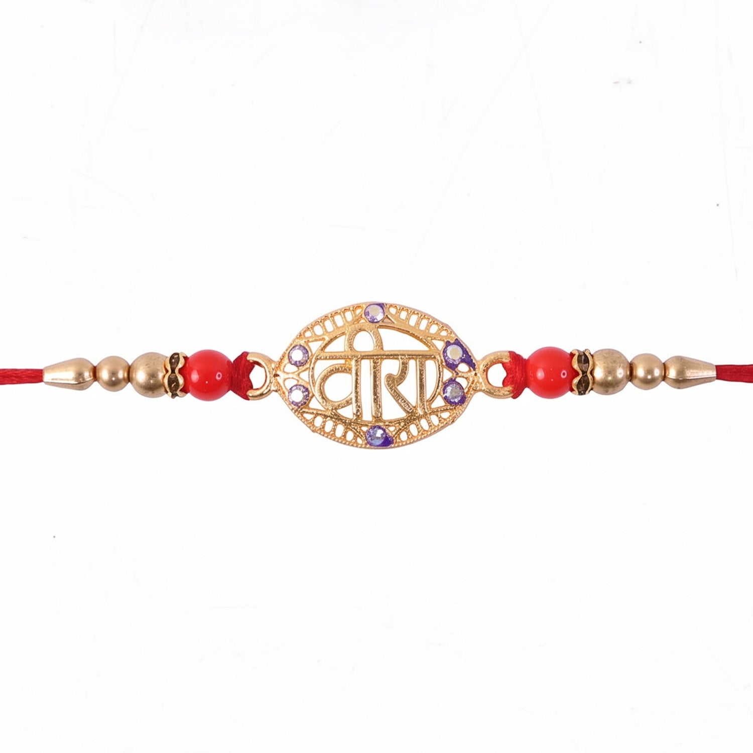 Golden Veera Rakhi for Boys with Red Beads and Thread