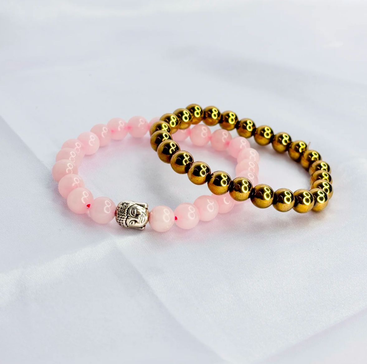 Reiki Crystal Products Natural Rose Quartz Bracelet With Buddha Head (2 pc set)