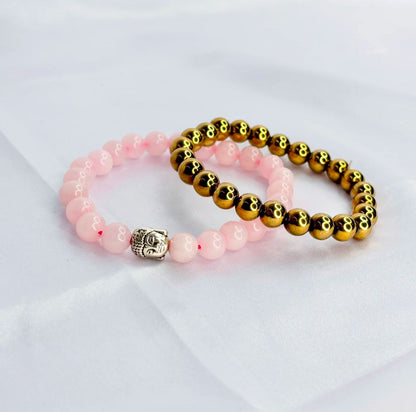 Reiki Crystal Products Natural Rose Quartz Bracelet With Buddha Head (2 pc set)