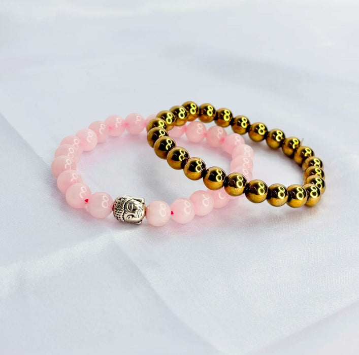 Reiki Crystal Products Natural Rose Quartz Bracelet With Buddha Head (2 pc set)