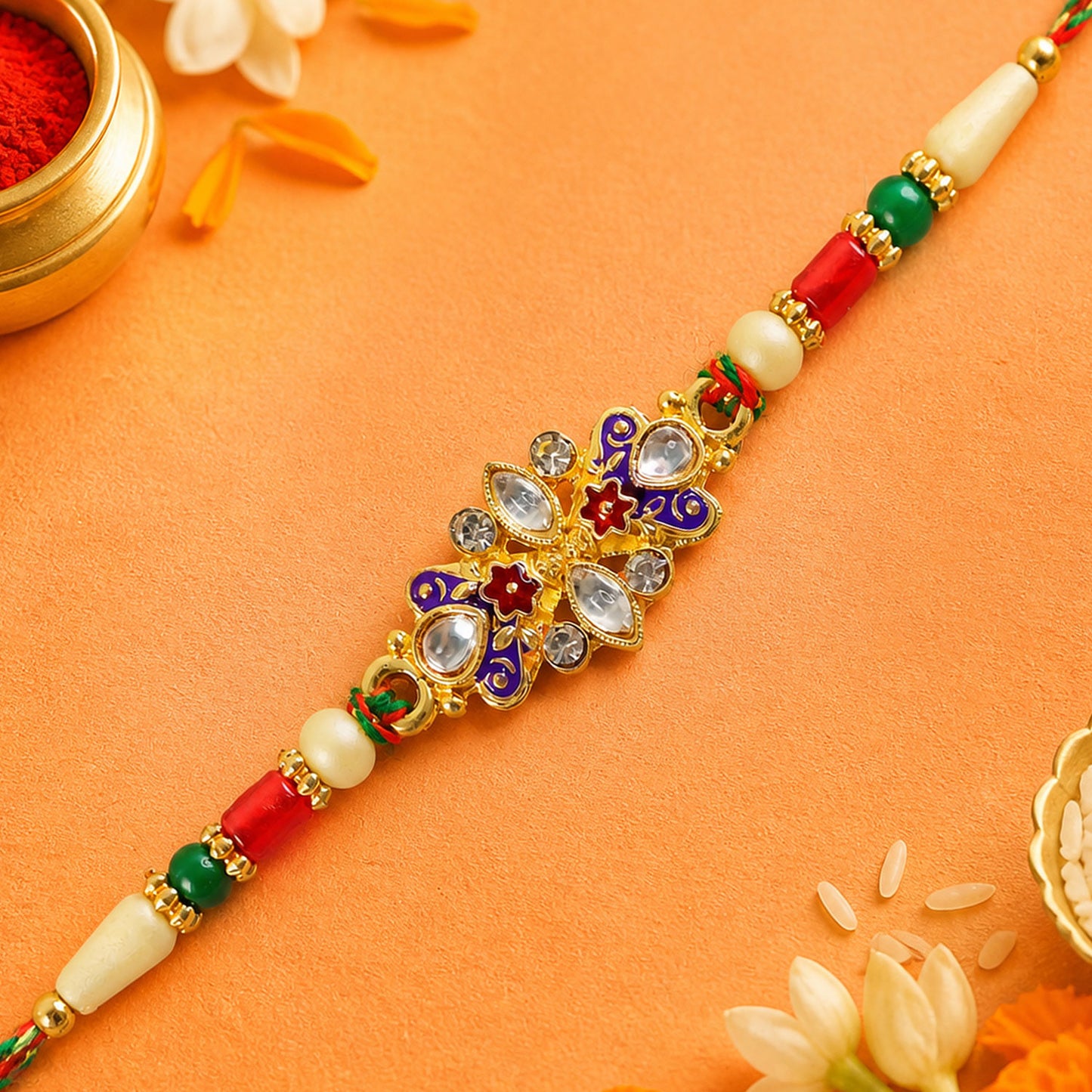 Designer Rakhi with Ornate Floral Medallion, bead line and gift style for Gift Use