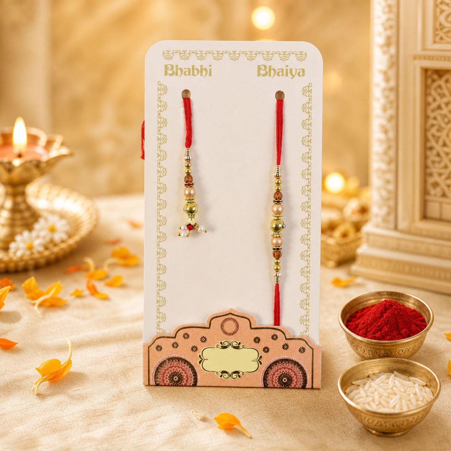 Couple Rakhi Hanging Pair with Pearl Drops, Gold Accents and Beaded Layers