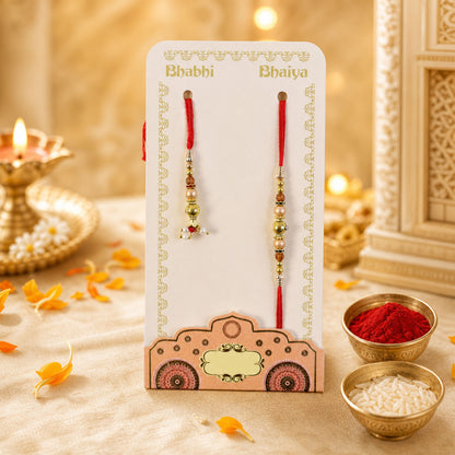 Couple Rakhi Hanging Pair with Pearl Drops, Gold Accents and Beaded Layers