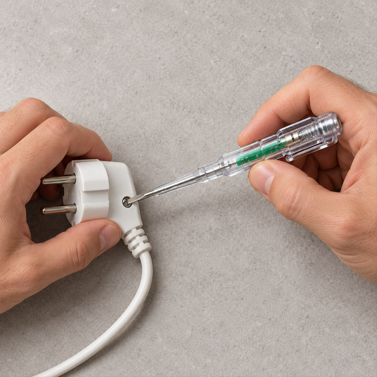 Hands hold a white electrical plug and a transparent tester screwdriver, checking a connection.