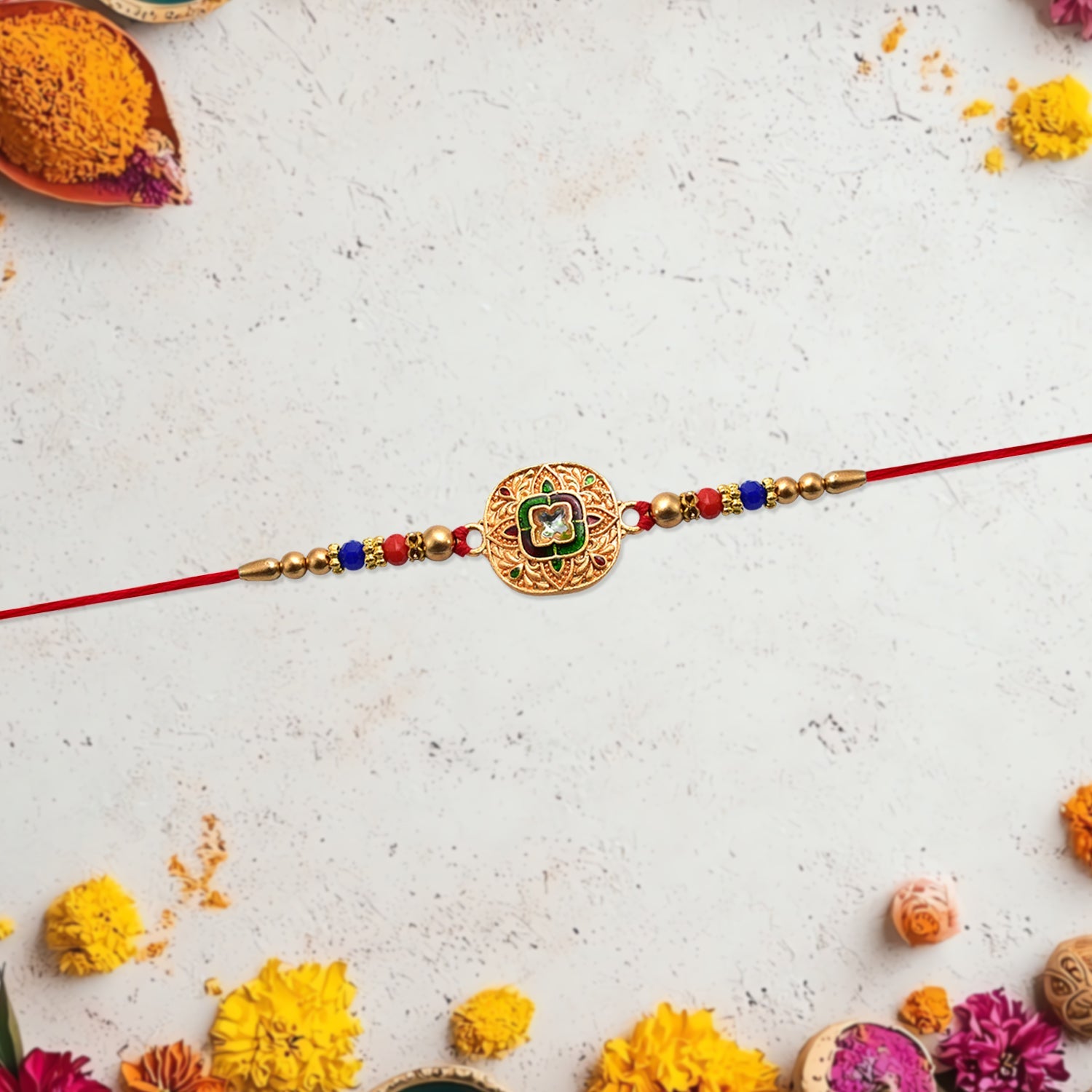 Kundan Rakhi Traditional Antique Gold Finish with Multicolor Beads (10pcs)