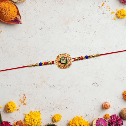 Kundan Rakhi Traditional Antique Gold Finish with Multicolor Beads (10pcs)