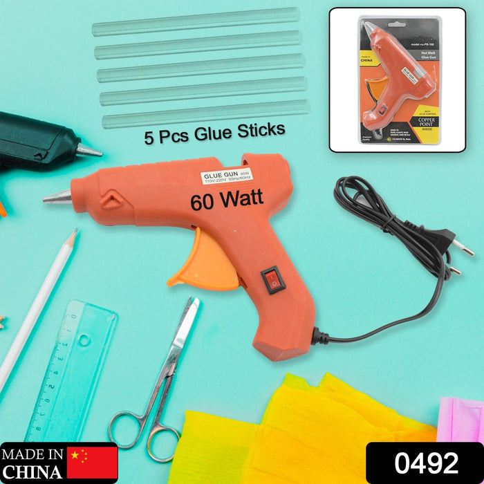 0492 Professional 60 Watt with 5 Pcs Hot Melt Glue Stick & ON / Off Switch, Electric Tool Hot Melt Glue Gun For Multi Use (1 Pc)