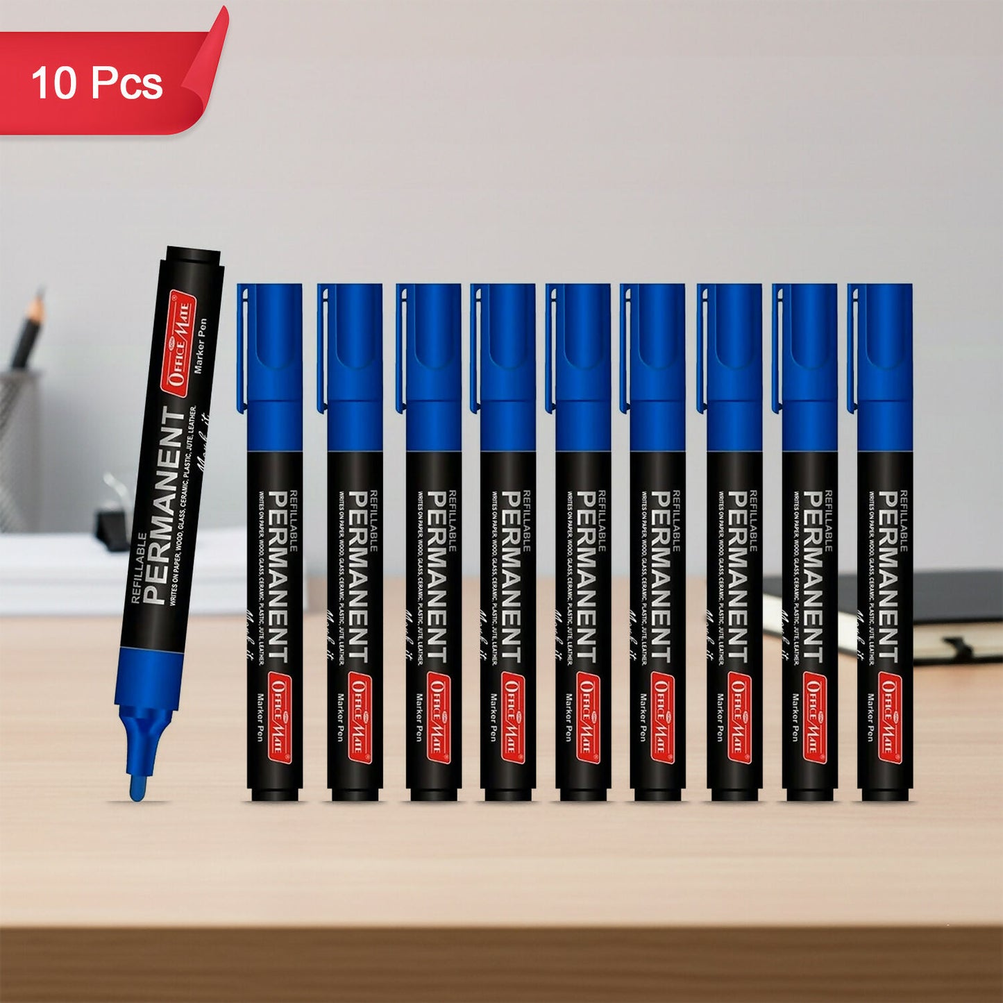Refillable Permanent Marker Pen – Blue Ink, 10 Piece Combo