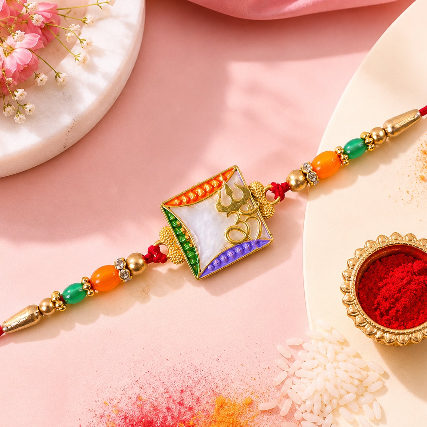 Elegant Rakhi with Square Floral Charm, bead line and chain look for Gift Styling